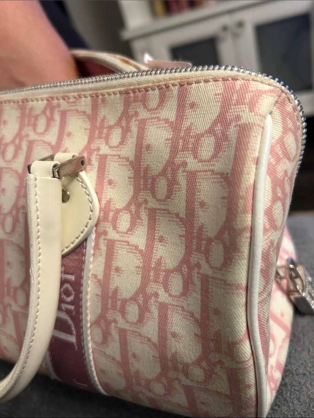 Dior Pink and White Floral Bowling Satchel with Crystal '1' Accent - Picture 12 of 13